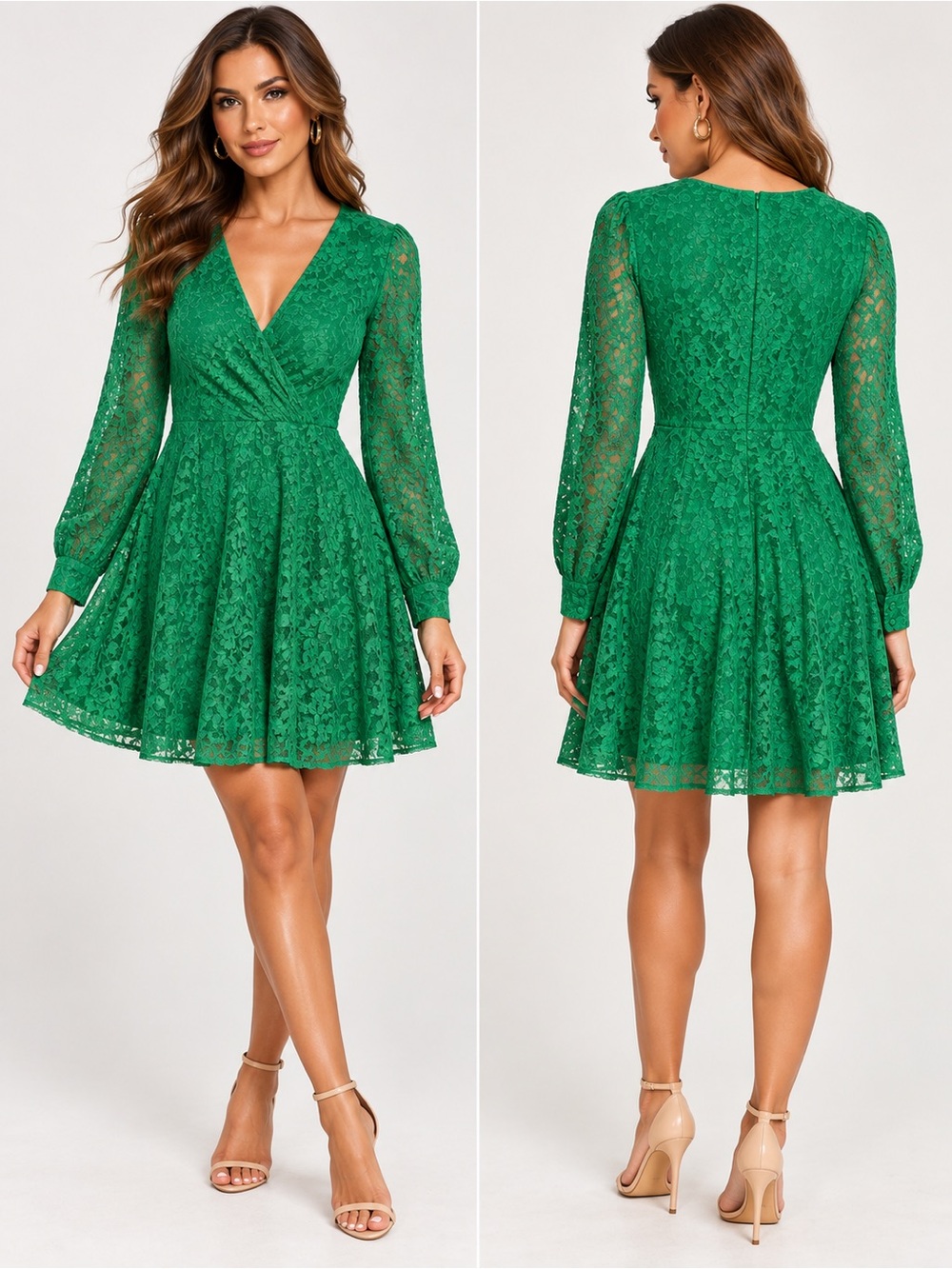Women's Green Lace Long-Sleeve Fit & Flare Dress